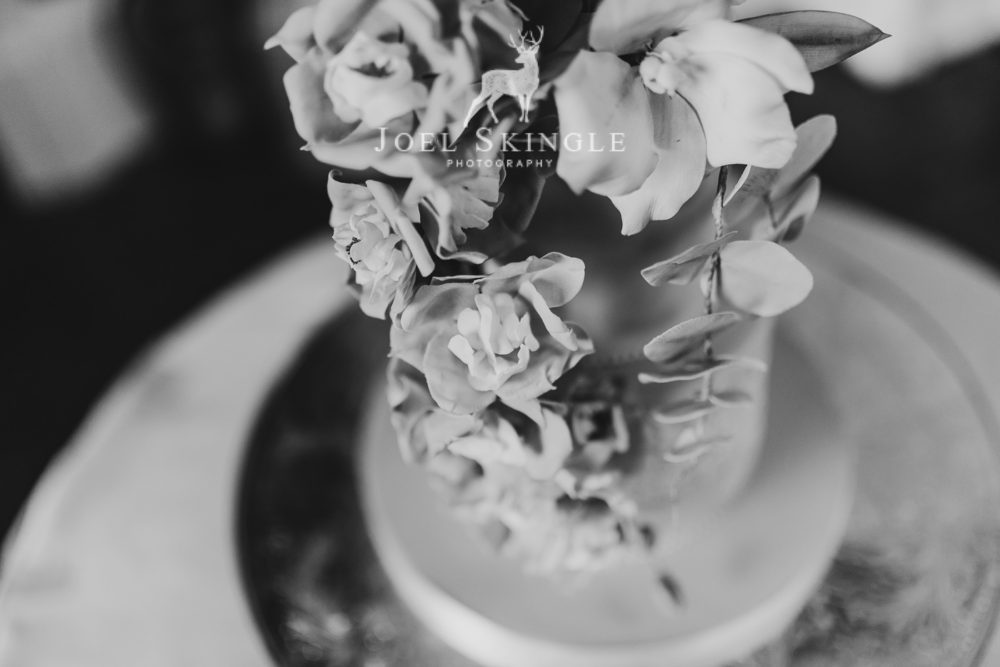 floral wedding cake aerial view in black and white