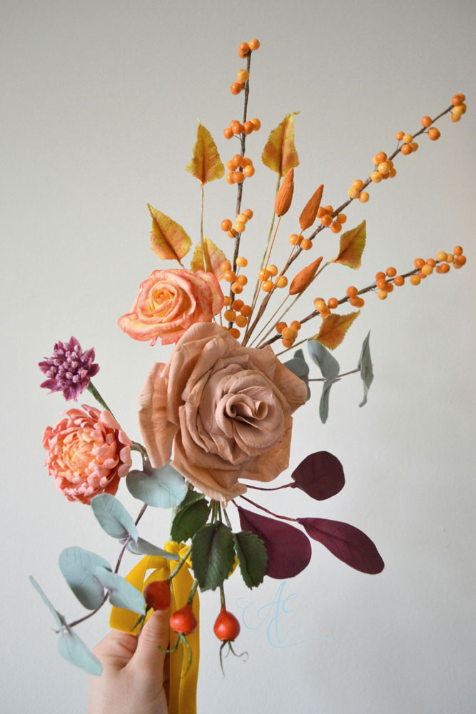 Autumnal Arrangement autumnal sugar flower arrangement of toffee rose chrysanthemum astrantia ilex berries rosehips and foliage