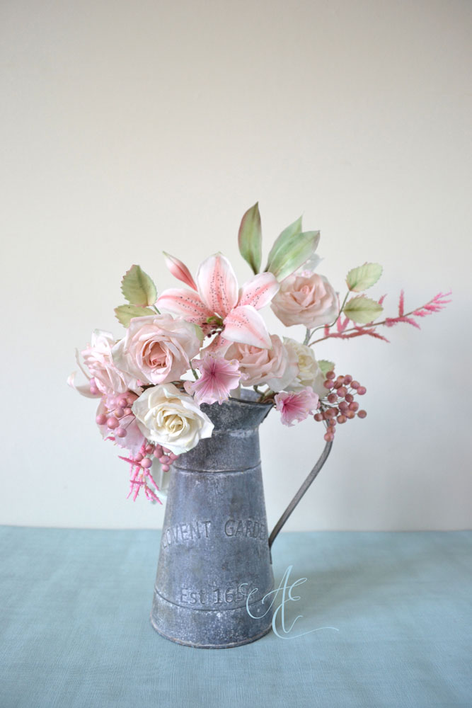 Lily, Roses, Cherry Blossom Astilbe Snowberry Arrangement pastel pink sugar lily, rose, cherry blossom, astilbe, snowberry arrangement