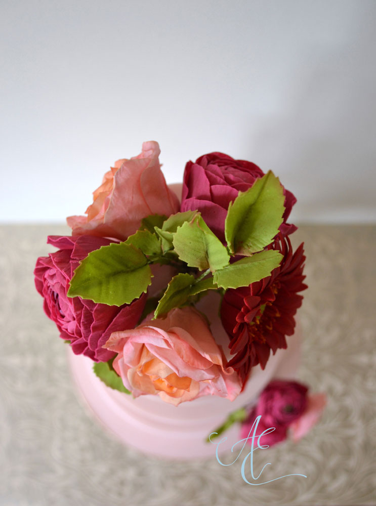 vibrant sugar flower bouquet aerial shot
