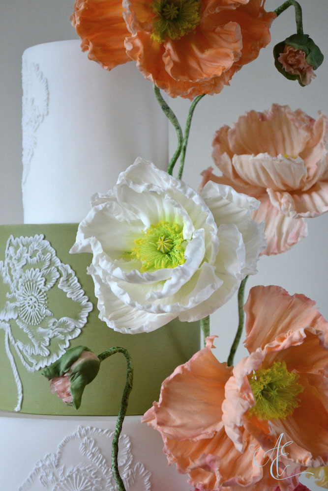 sugar icelandic poppy and piped wedding cake