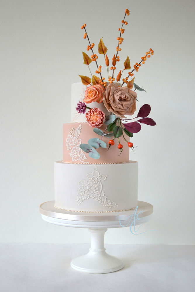 vegan wedding cake with autumnal sugar flowers