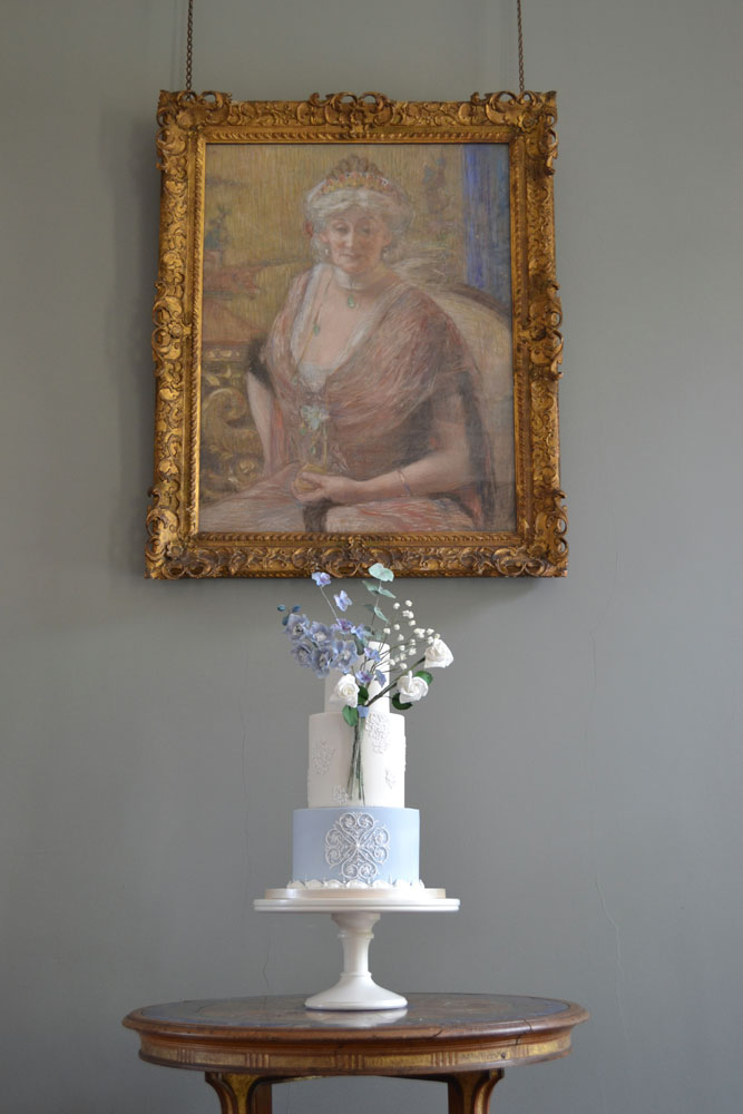 blue white sugar floral wedding cake pepper arden hall
