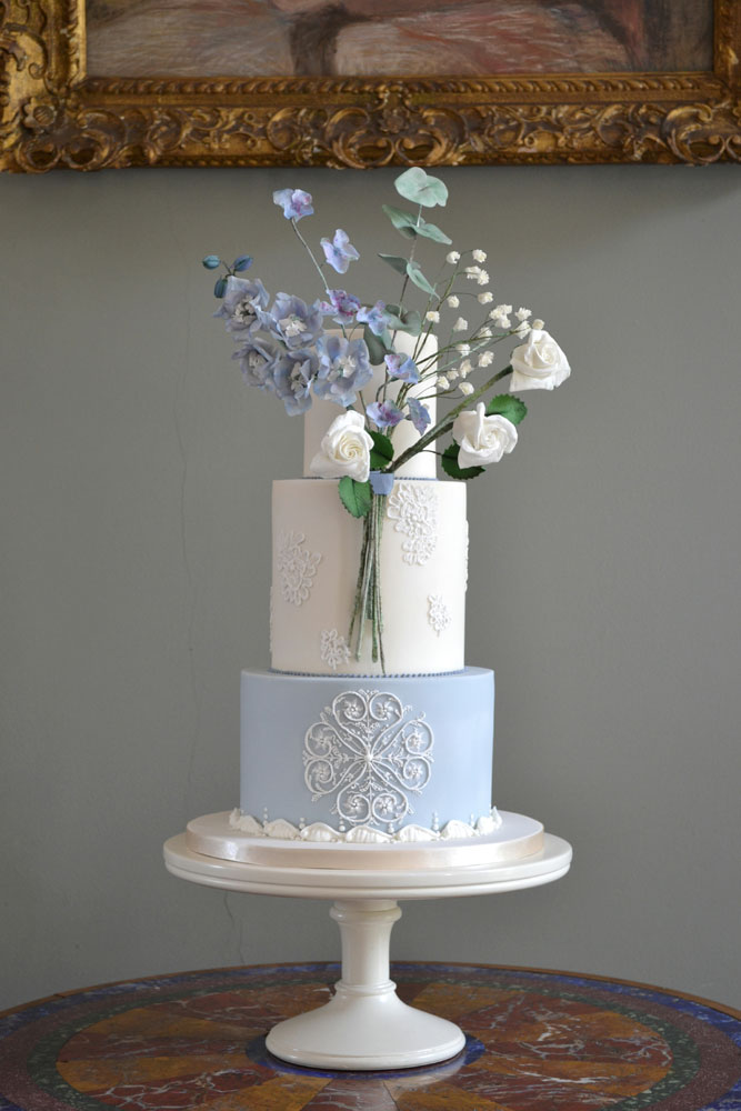 white blue floral wedding cake pepper arden hall