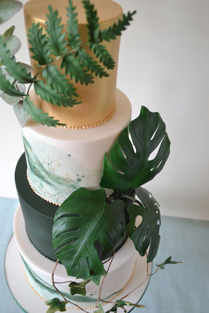 gold green watercolour foliage wedding cake