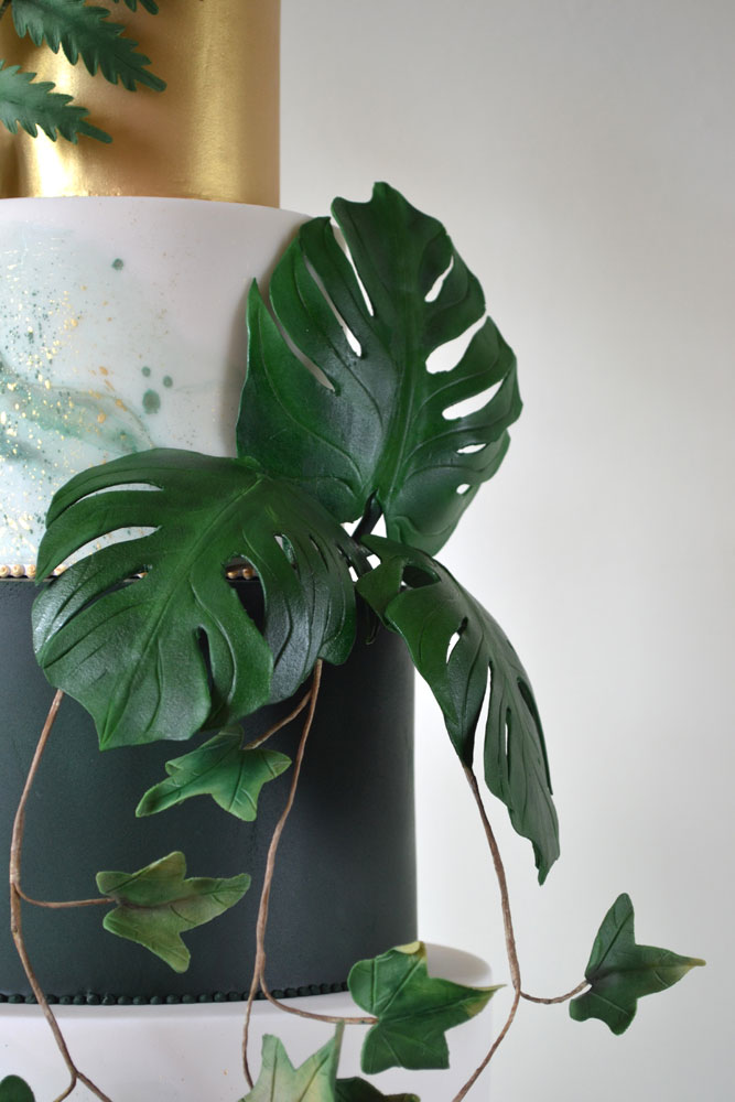 sugar monstera leaf wedding cake