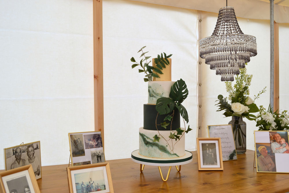 gold green wedding cake the three acres wills marquees