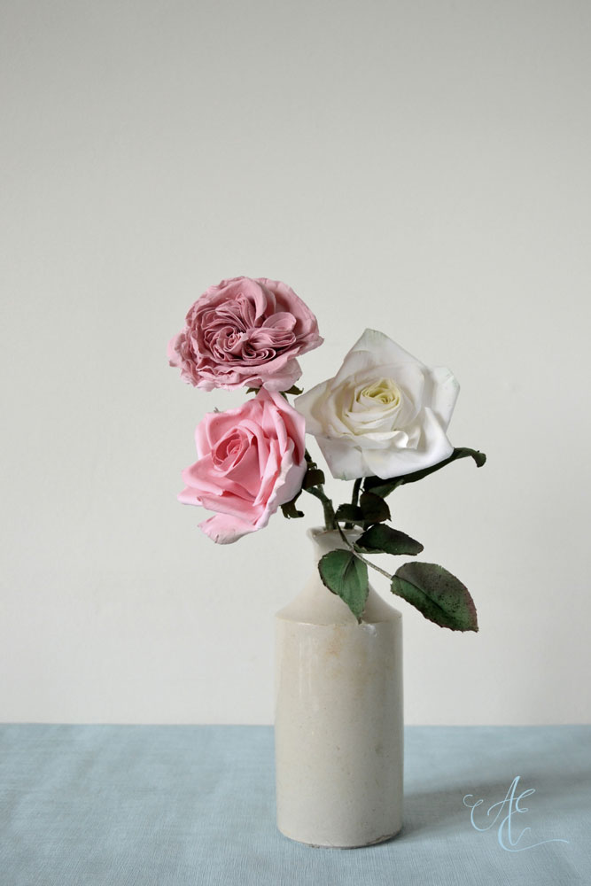 Trio of roses air dry clay pink and white roses