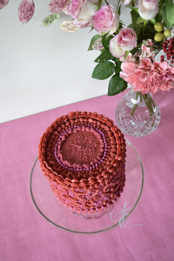 Colette dark coral vintage style cake aerial view
