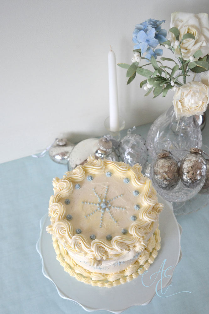 Pearl vintage style christmas cake ivory and pale blue aerial view