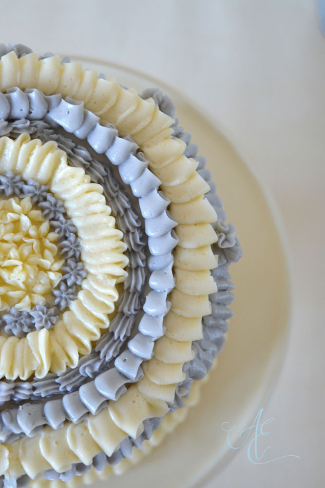 Nigella blue and ivory vintage style frilly cake close up