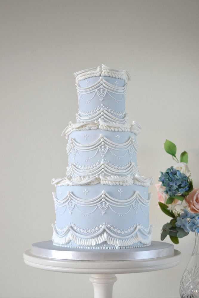Lambeth powder blue and white wedding cake